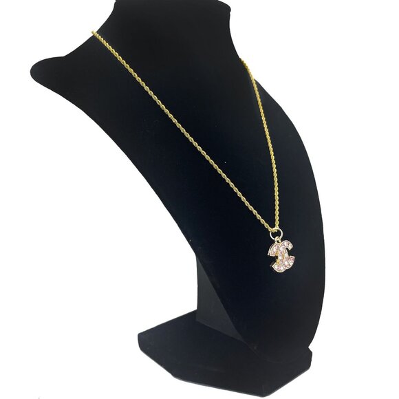 CHANEL CC Pink Rhinestone Charm Pendant on Necklace Gold Plated Chain - Picture 3 of 10
